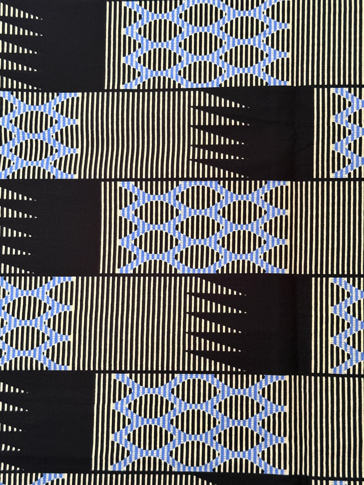 African Print Cotton Fabric, Black Cream Blue Geometric Chain, Apparel Sewing Yard