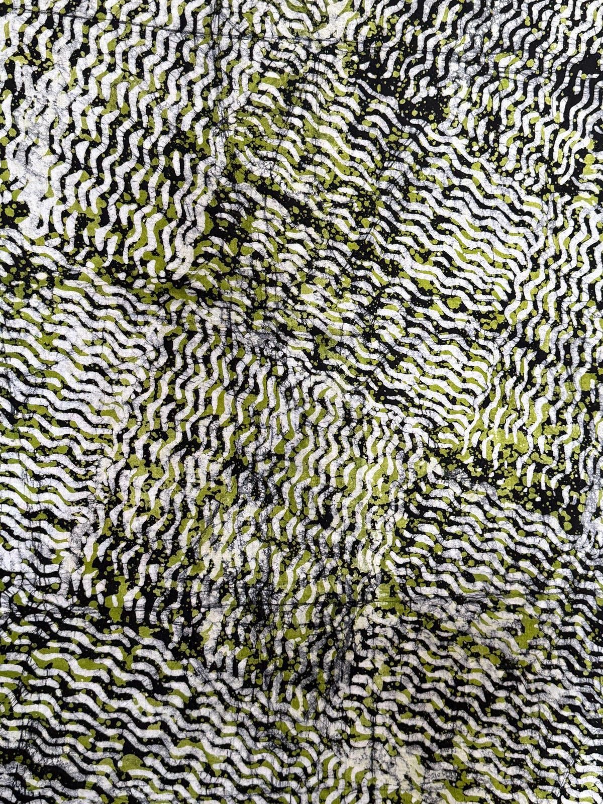 Hand-Dyed Adire Batik Fabric Per Yard, Olive Green Funtua Cotton, African Wave Pattern