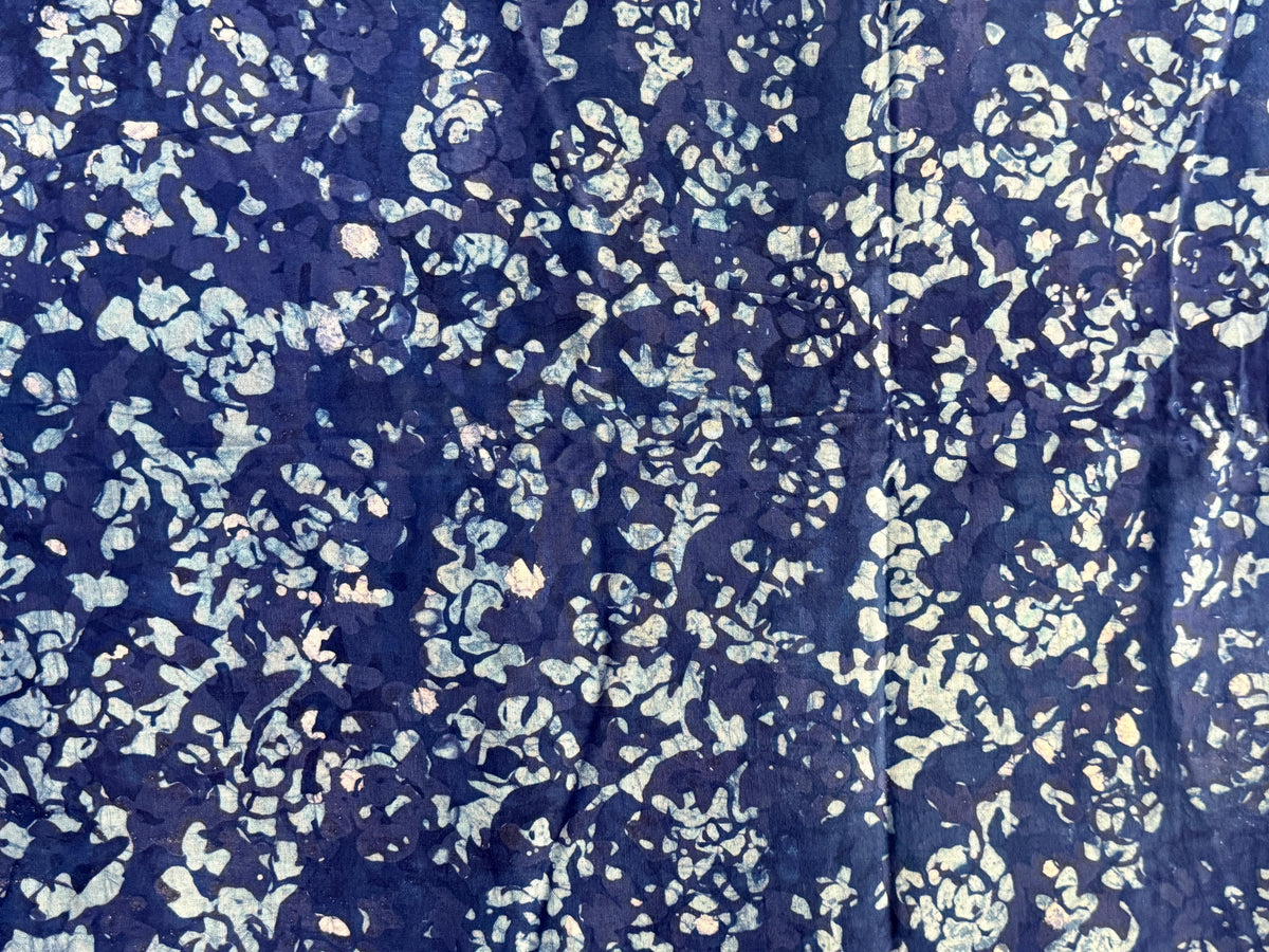 Hand-Dyed Adire Batik Fabric, Nigerian Cotton, Navy Blue Floral Print, Per Yard Sewing Material