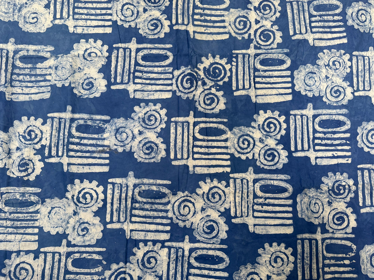 Handmade Adire Batik Fabric, Navy Blue White Tribal Spiral Cotton, African Sewing Textile