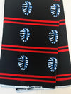 African Print Cotton Fabric, Black Red Blue Oval Leaf Motif, Ankara Sewing Yardage