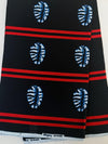 African Print Cotton Fabric, Black Red Blue Oval Leaf Motif, Ankara Sewing Yardage