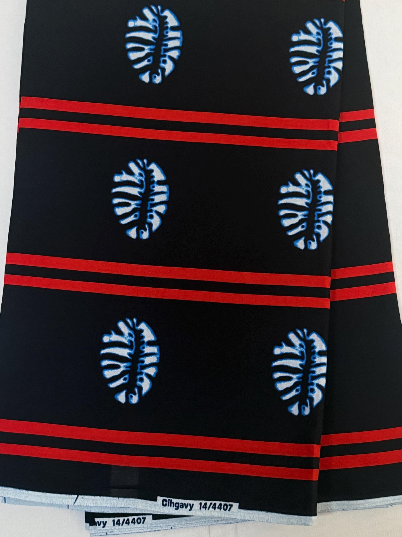 African Print Cotton Fabric, Black Red Blue Oval Leaf Motif, Ankara Sewing Yardage