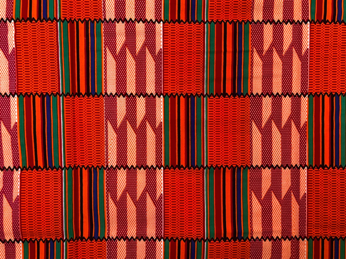 Kente Print Cotton Fabric by Yard, Orange Burgundy Green African Ankara Sewing Tool