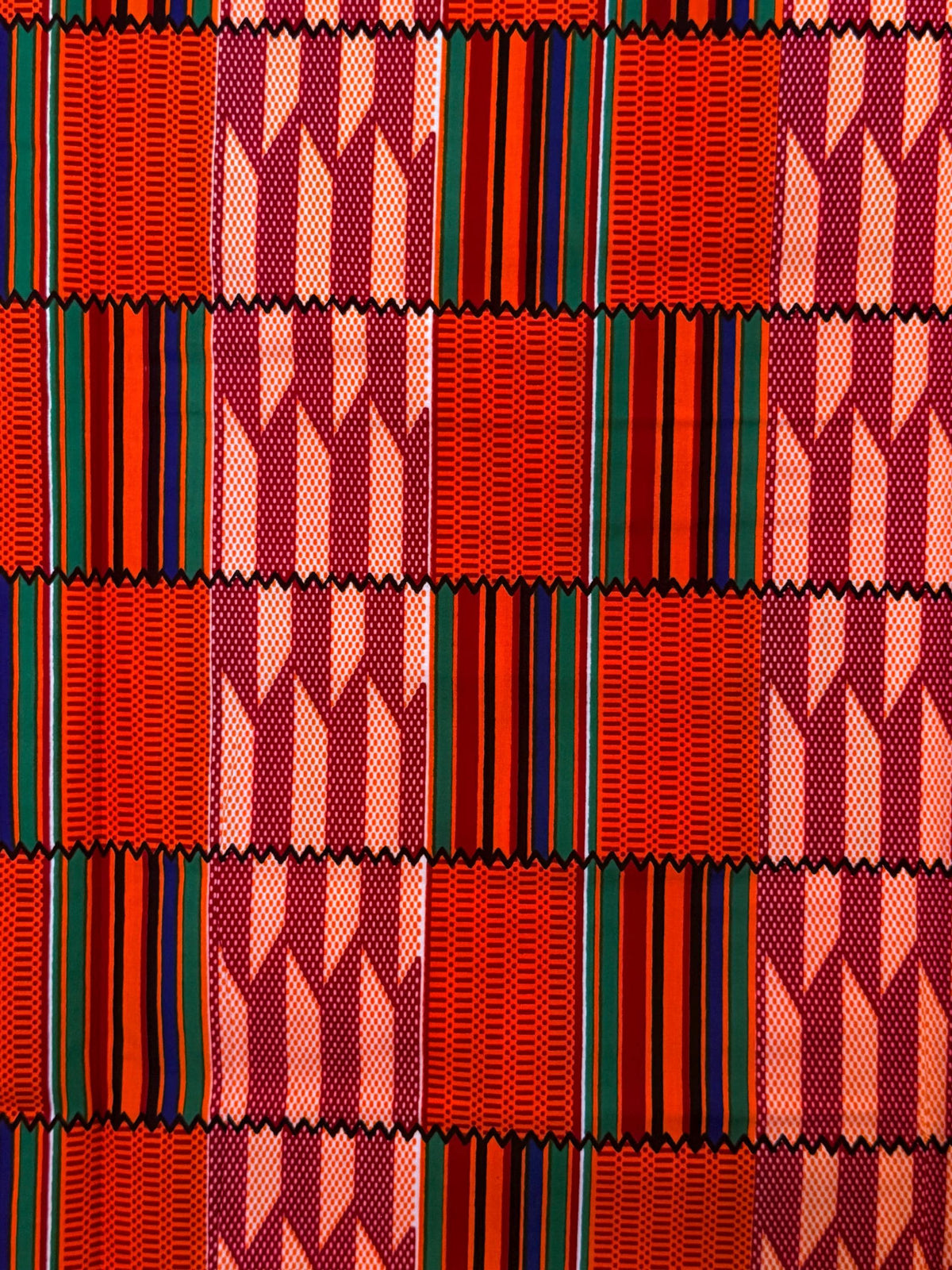 Kente Print Cotton Fabric by Yard, Orange Burgundy Green African Ankara Sewing Tool