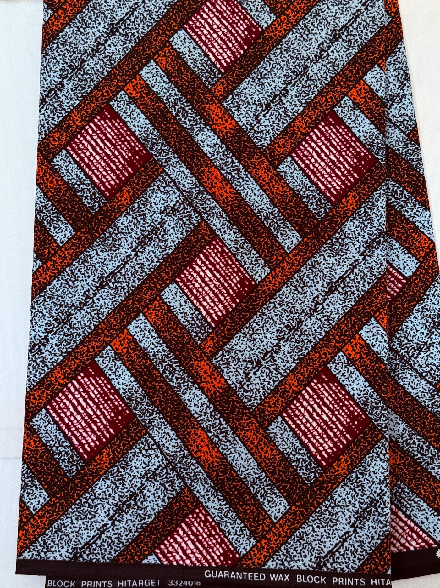 Hitarget Wax Print Fabric, Blue Orange Burgundy Geometric Cotton, Per Yard