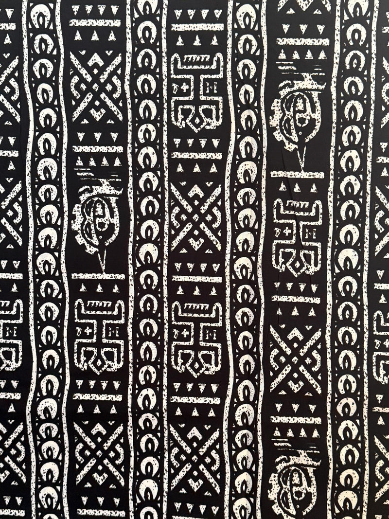 African Mud Cloth Inspired Fabric, Black Cream Tribal Geometric Print Cotton (By the Yard)