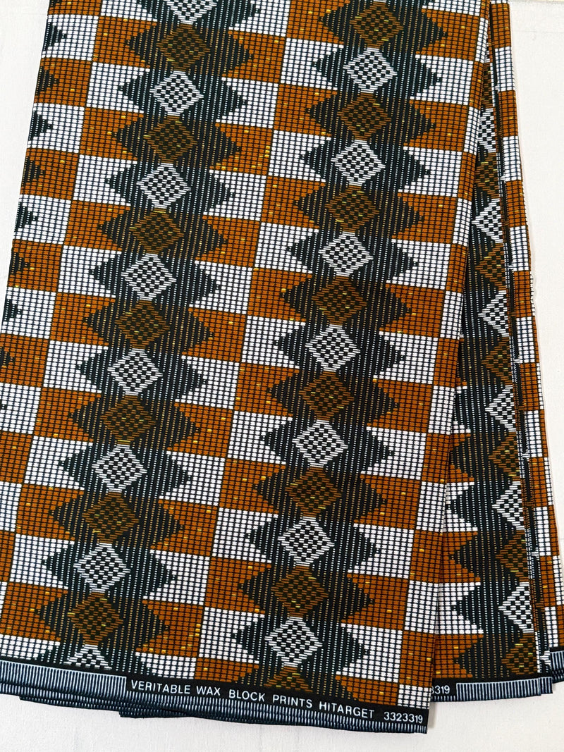 African Kente Print Fabric, Gold Green Diamond Checkerboard Ankara Wax Print, Apparel Sewing Yardage