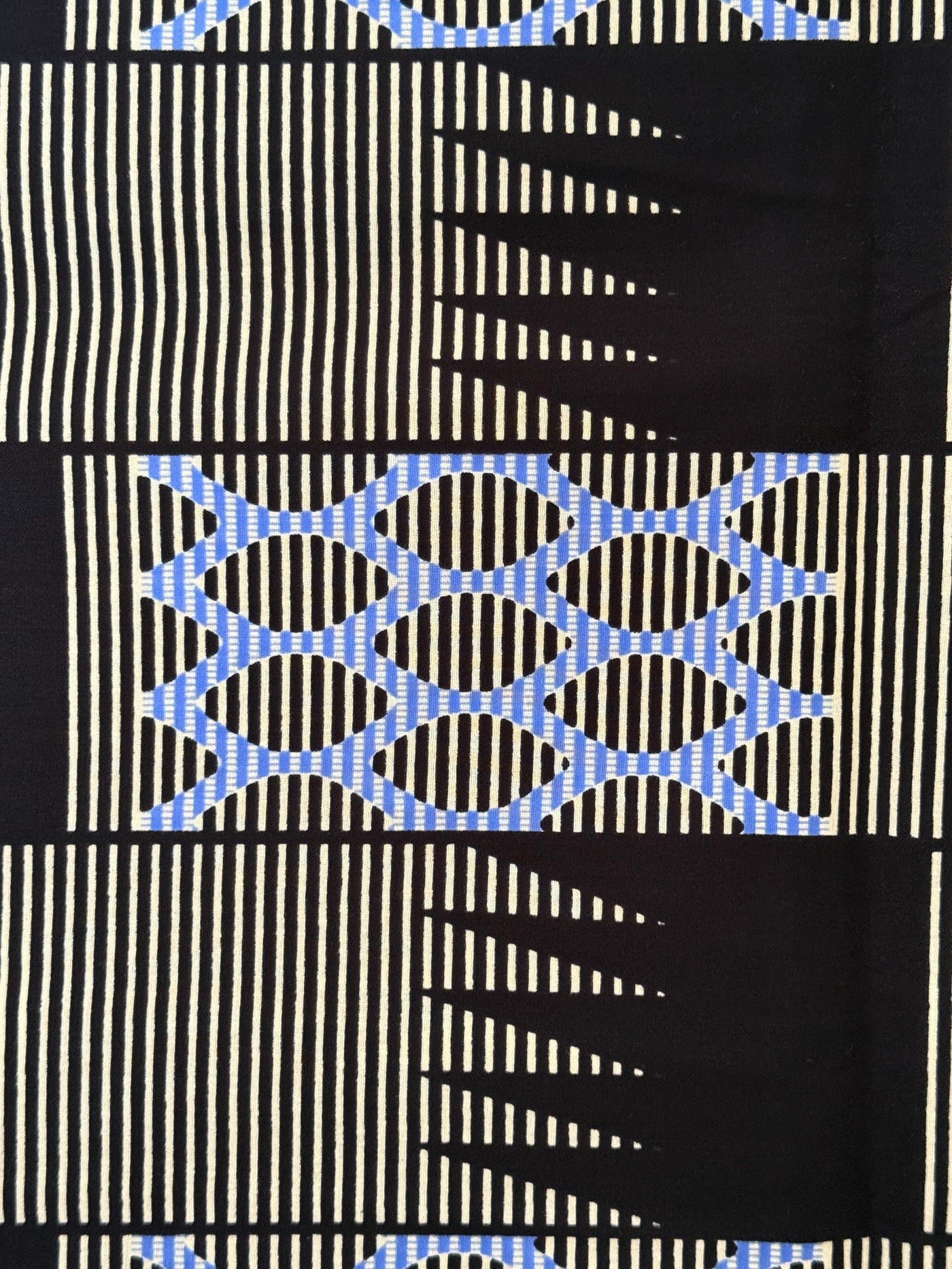 African Print Cotton Fabric, Black Cream Blue Geometric Chain, Apparel Sewing Yard
