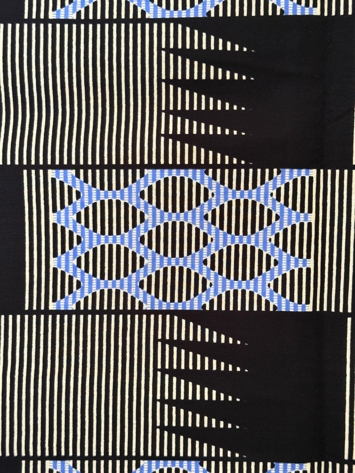 African Print Cotton Fabric, Black Cream Blue Geometric Chain, Apparel Sewing Yard