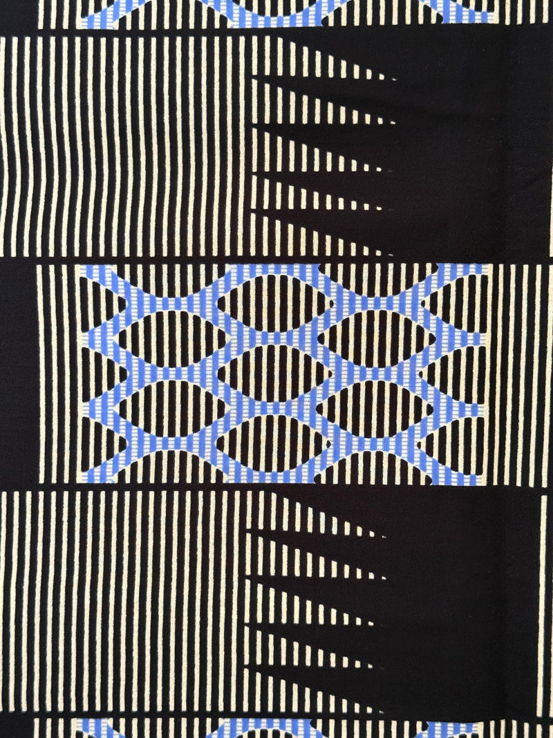 African Print Cotton Fabric, Black Cream Blue Geometric Chain, Apparel Sewing Yard