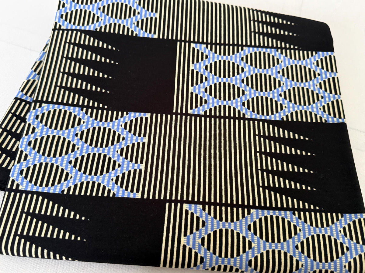 African Print Cotton Fabric, Black Cream Blue Geometric Chain, Apparel Sewing Yard