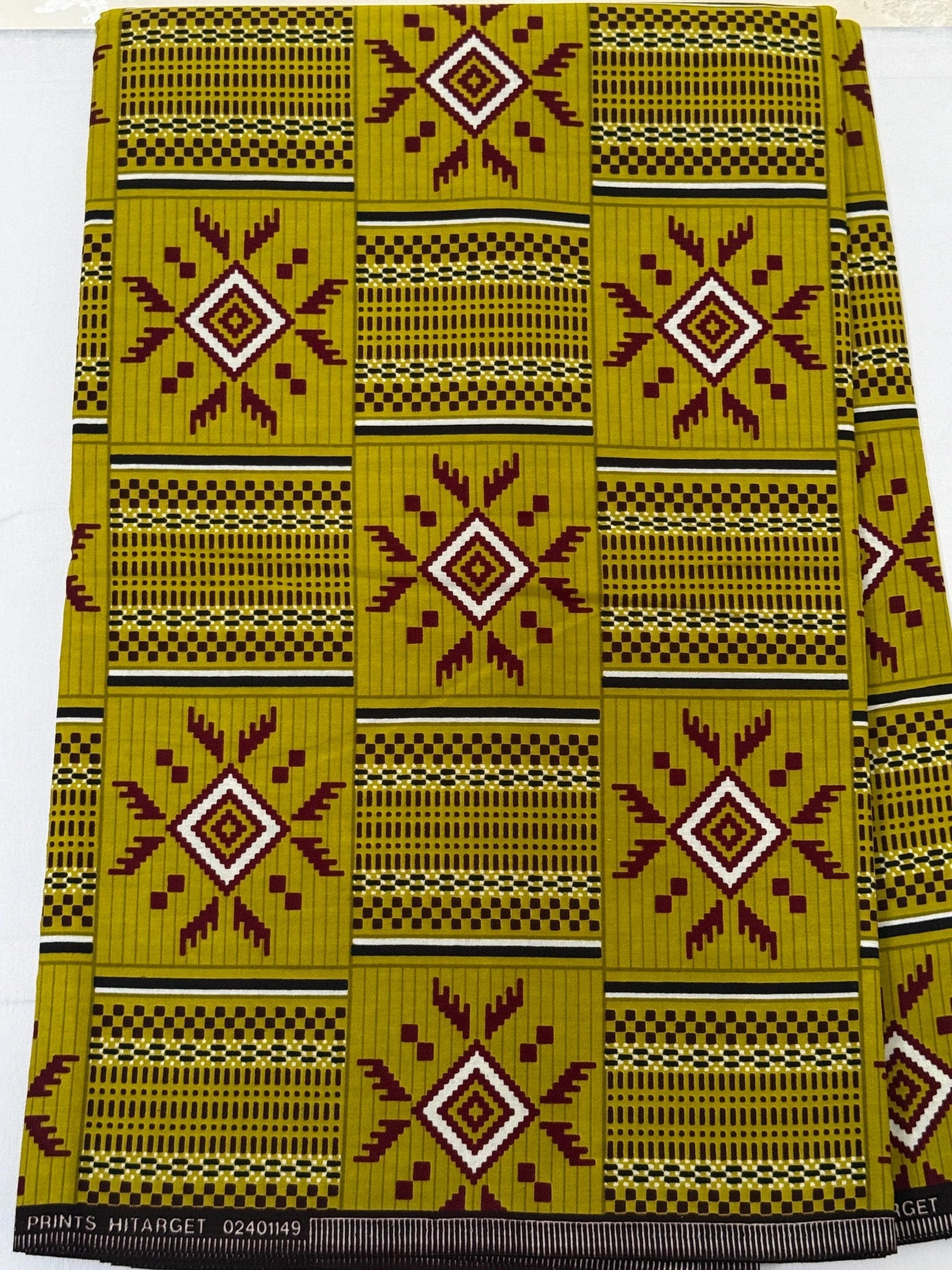 African Print Fabric Yard, Mustard Yellow Burgundy Geometric Cotton, Kente Style Sewing Quilting