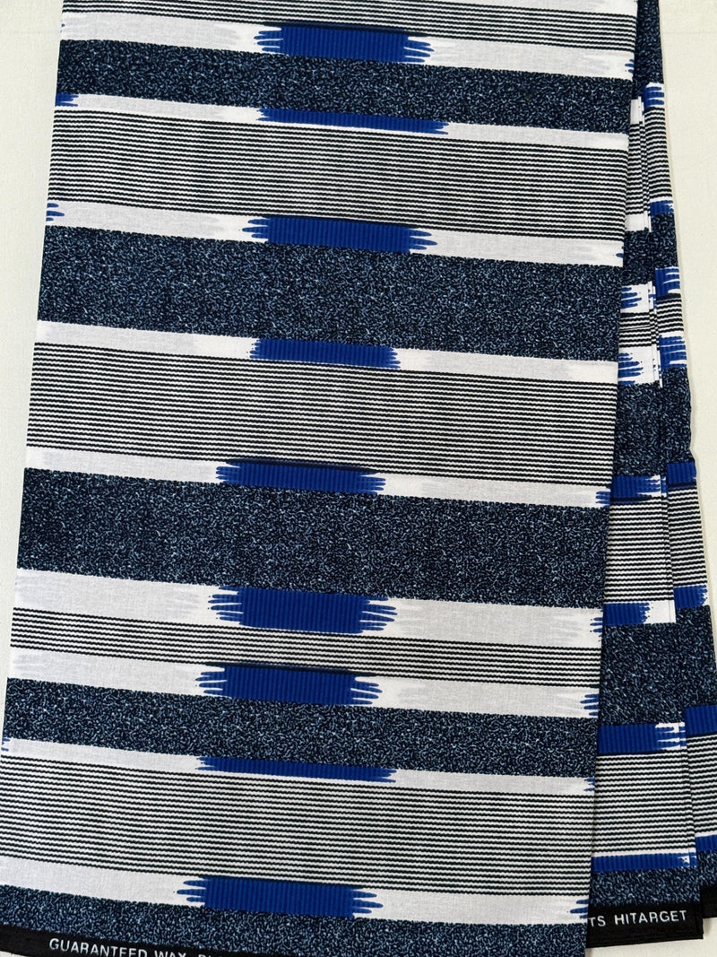100% Cotton Ankara Fabric, Navy Blue White Royal Blue Dash Stripe, Sewing Apparel Crafts