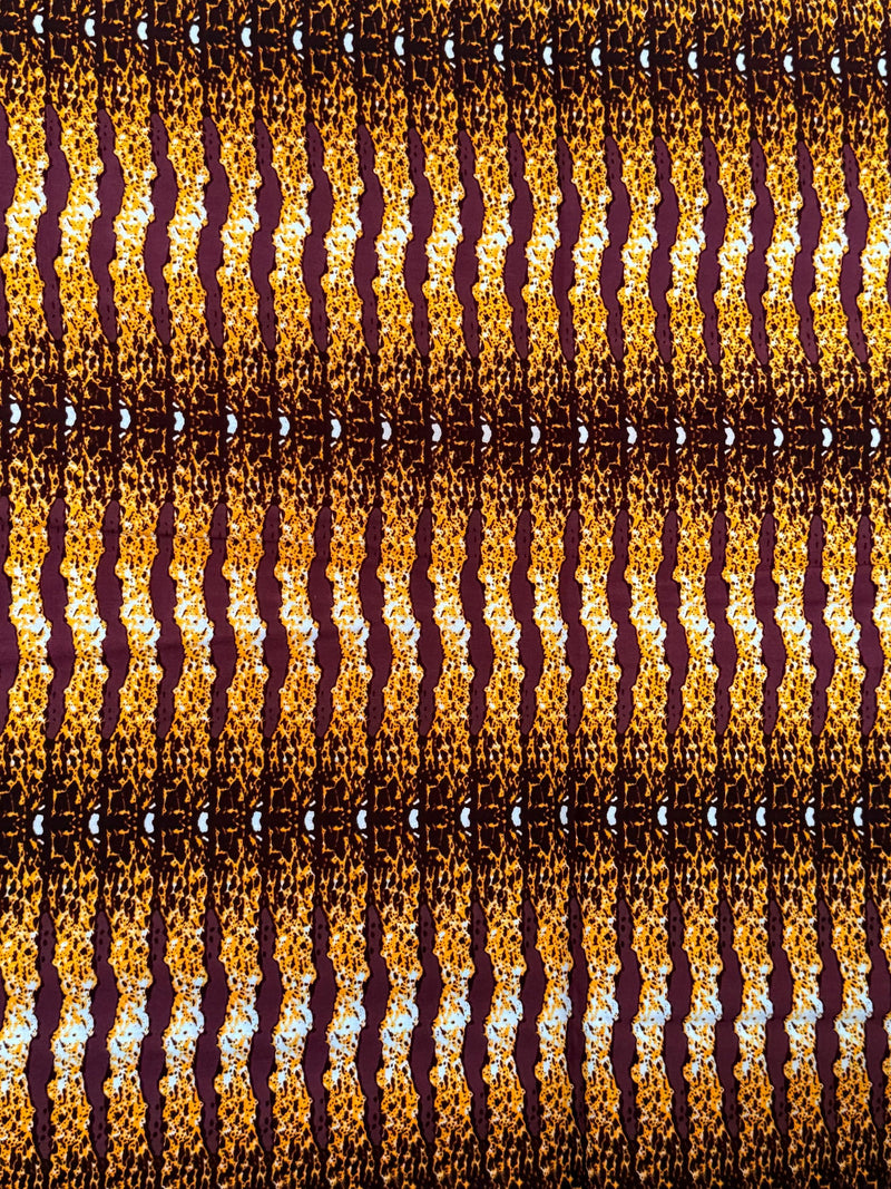 African Print Cotton Fabric, Burgundy Leopard Wave Stripe Ankara, Apparel Sewing Yard