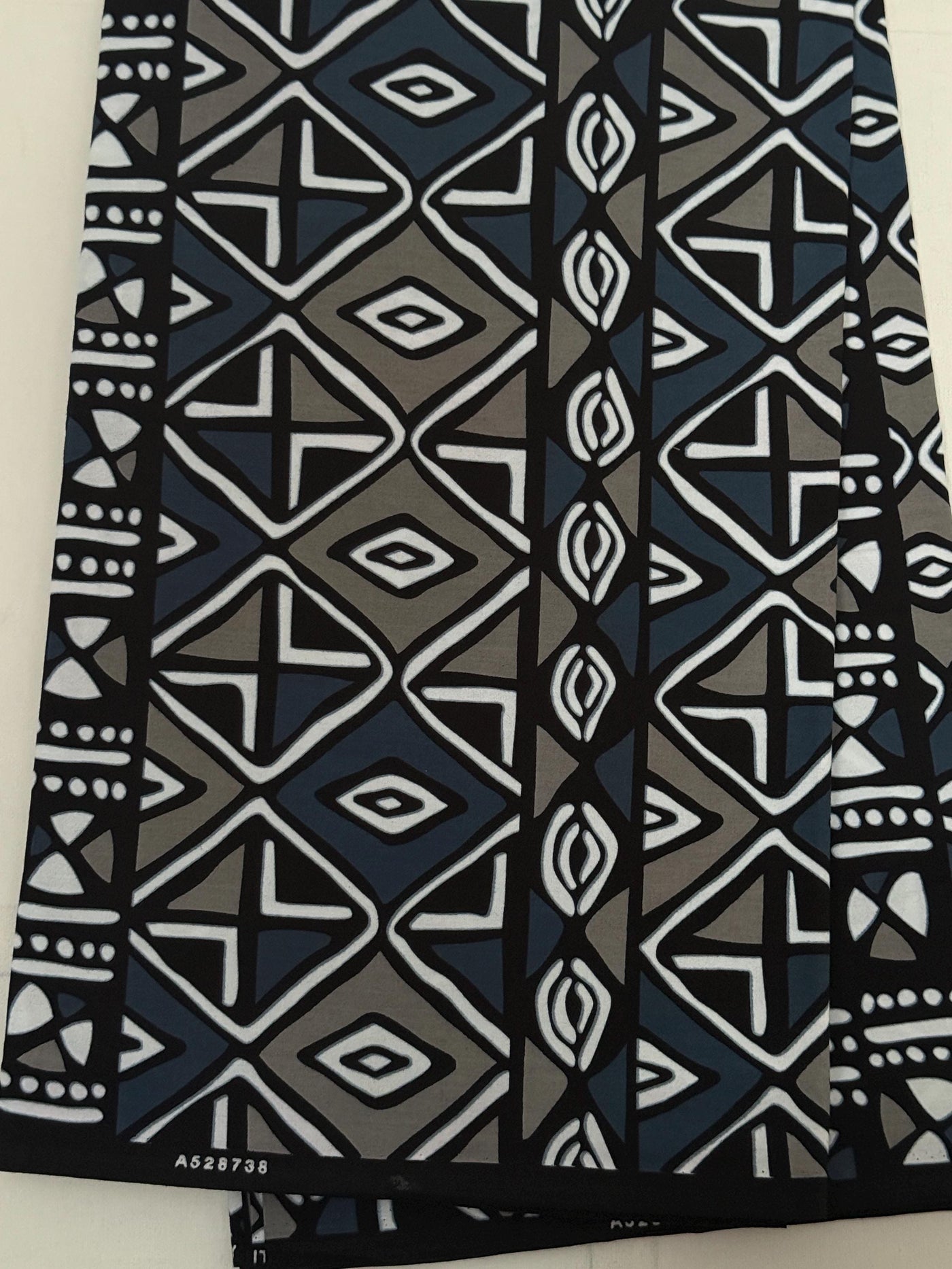 African Print Cotton Fabric, Black Grey Blue Geometric Tribal Sewing Yardage