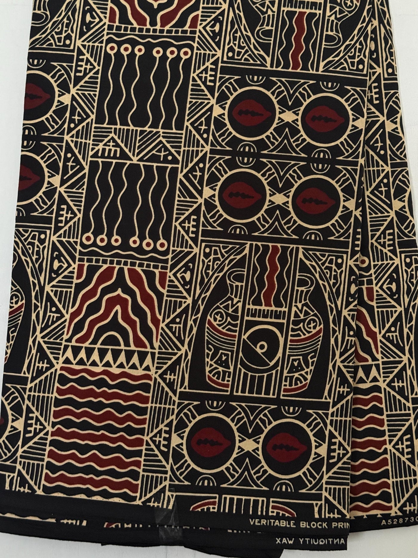 African Tribal Patchwork Fabric, Black Cream Burgundy Ankara Cotton Per Yard