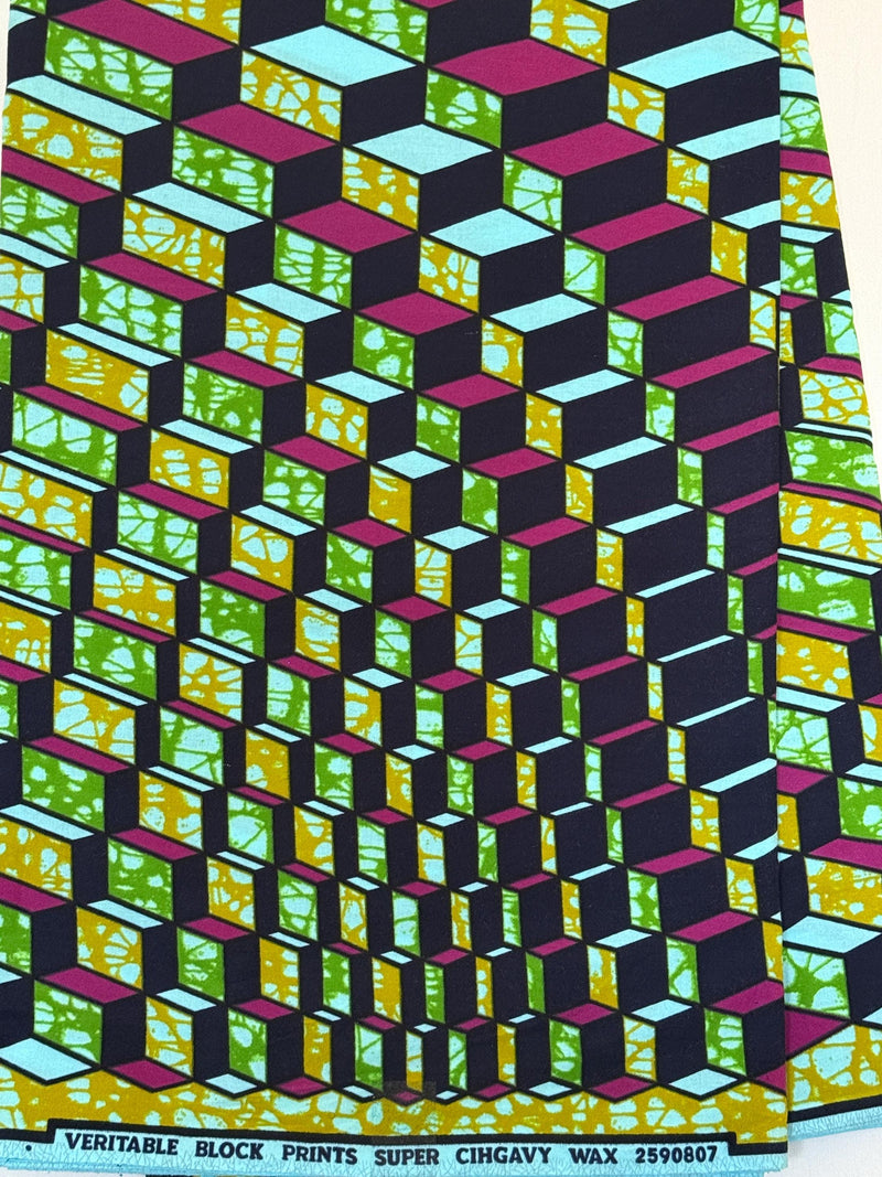 African Print Fabric, Purple Green Gold Blue 3D Cube Optical Ankara, Apparel Sewing Crafts
