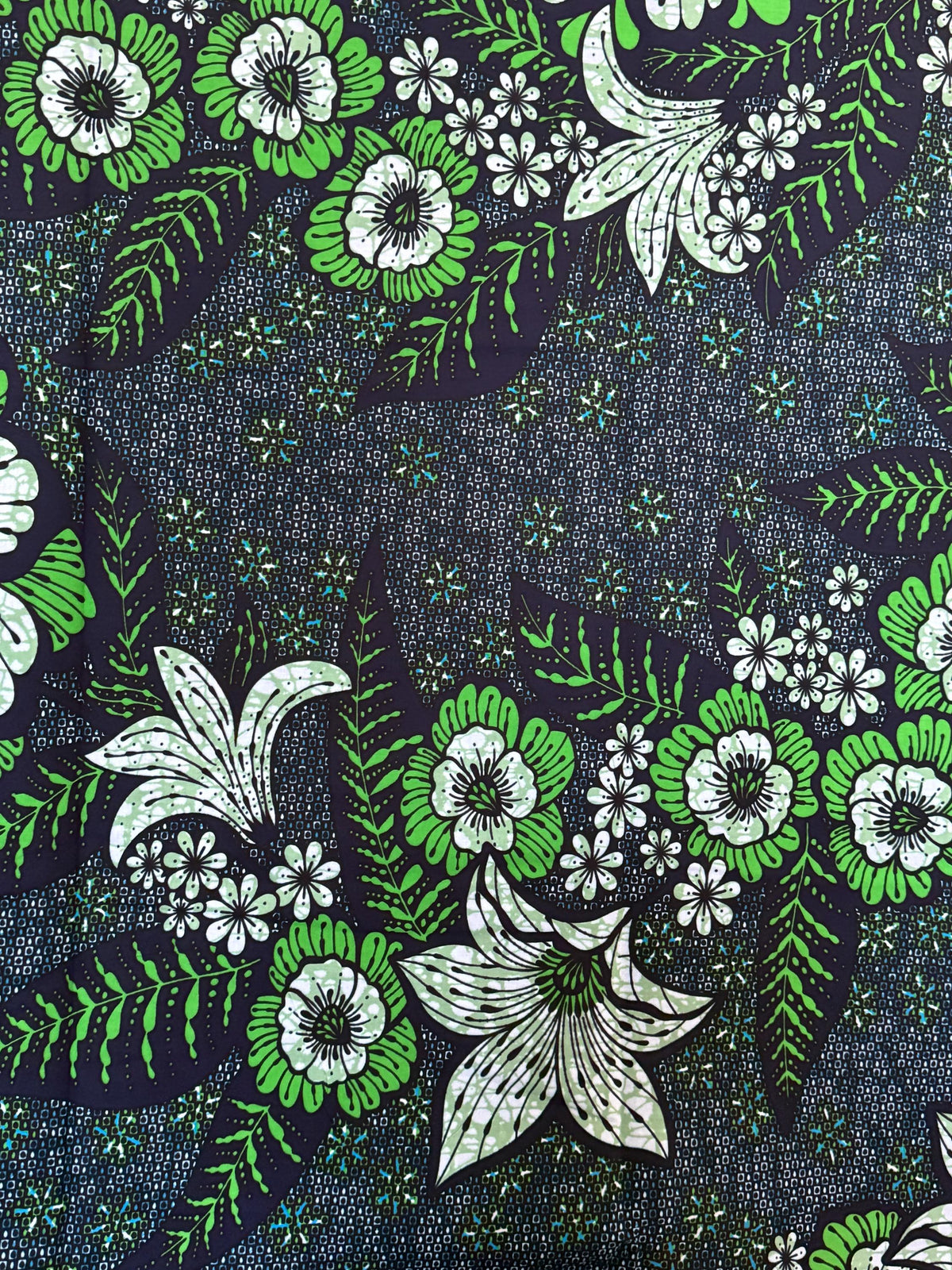 African Print Fabric, Navy Green White Floral Botanical Cotton, Apparel Quilting Yardage