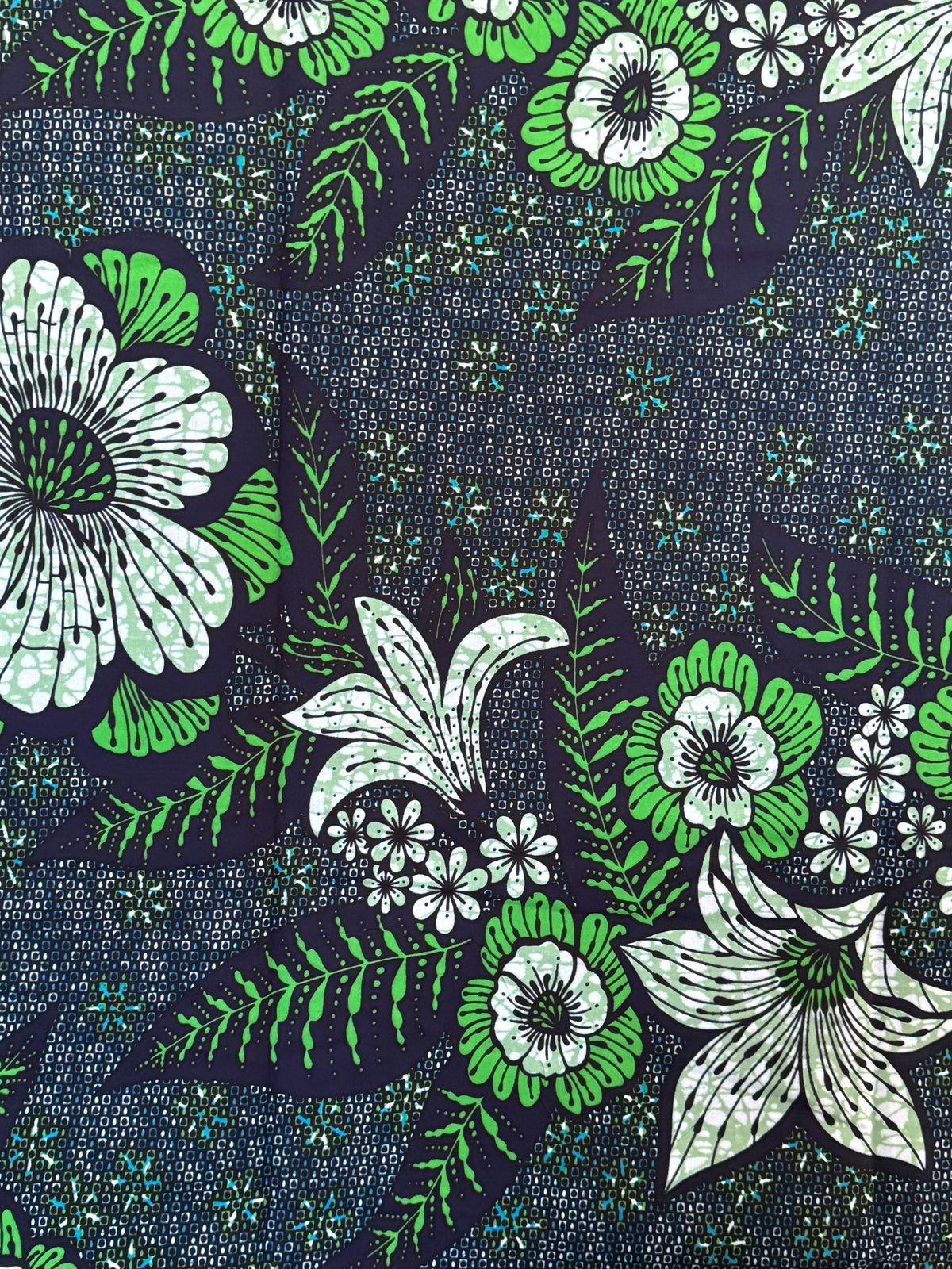 African Print Fabric, Navy Green White Floral Botanical Cotton, Apparel Quilting Yardage