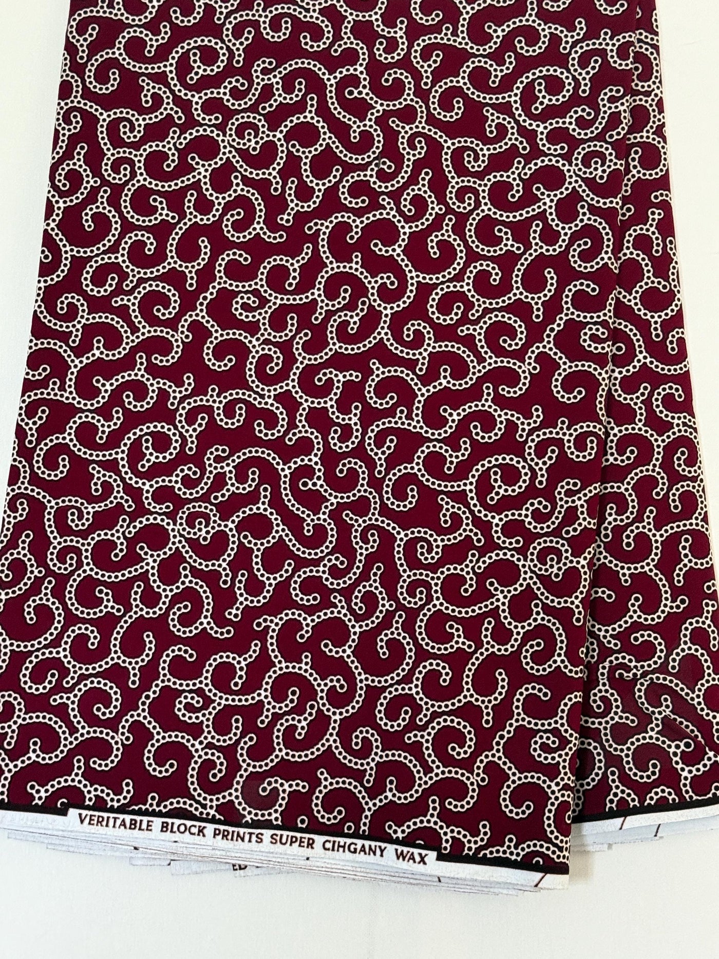 Burgundy White Dotted Scroll Ankara Cotton Fabric, Elegant Apparel Quilting Yardage