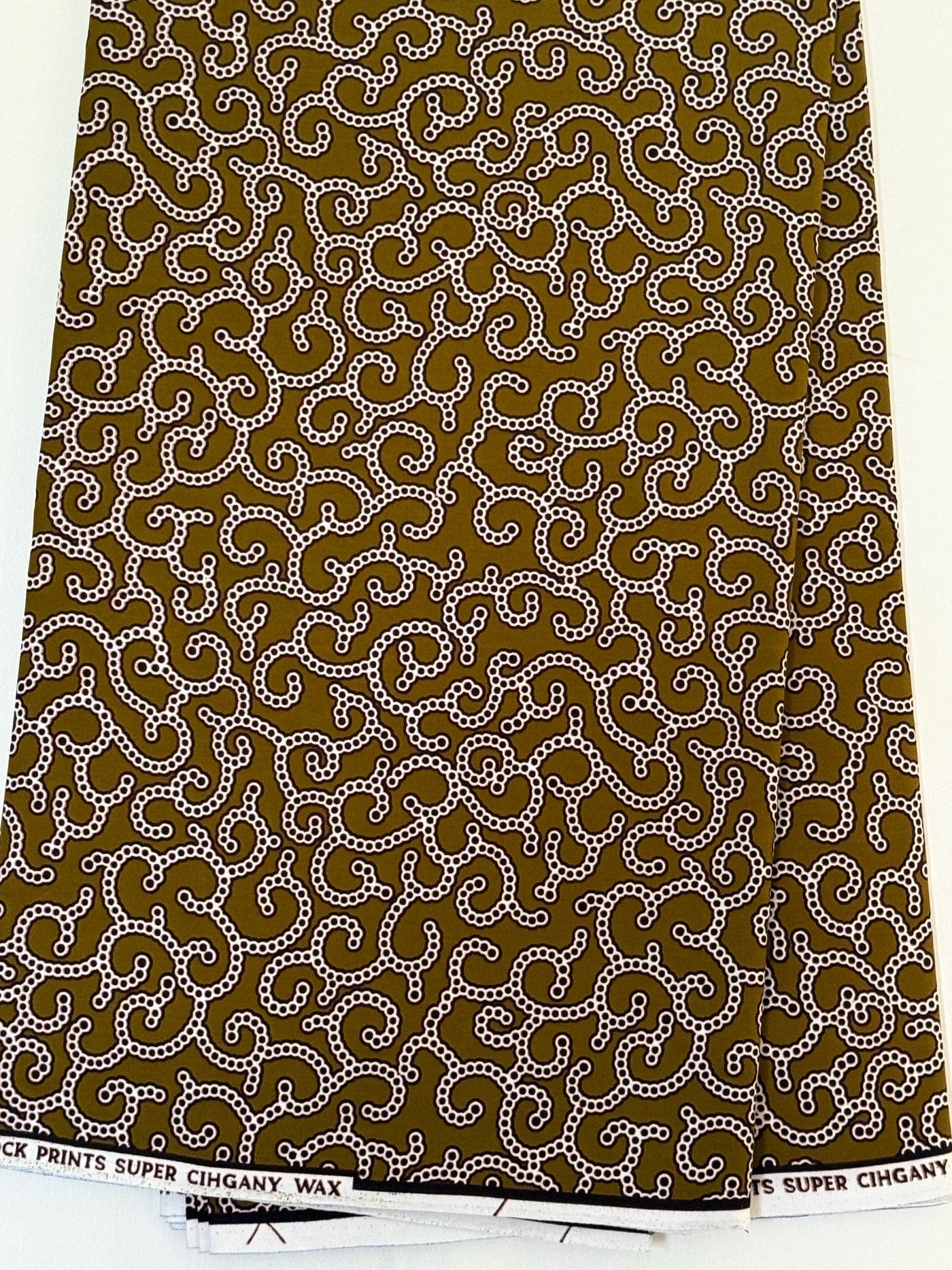 Olive Green White Dotted Scroll Ankara Cotton Fabric Per Yard