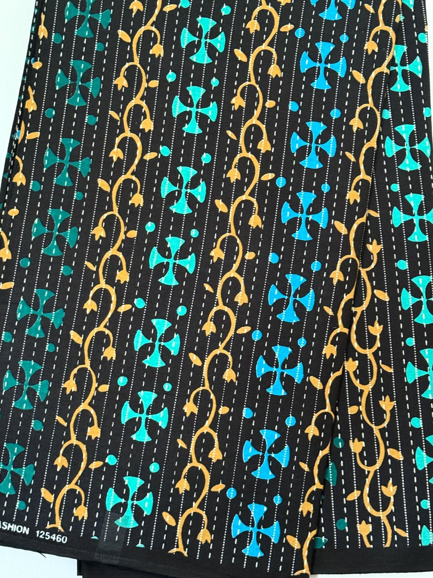 Ankara Cotton Fabric Per Yard, Black Turquoise Gold Cross Vine Print, Sewing Apparel Crafts