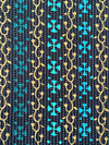 Ankara Cotton Fabric Per Yard, Black Turquoise Gold Cross Vine Print, Sewing Apparel Crafts
