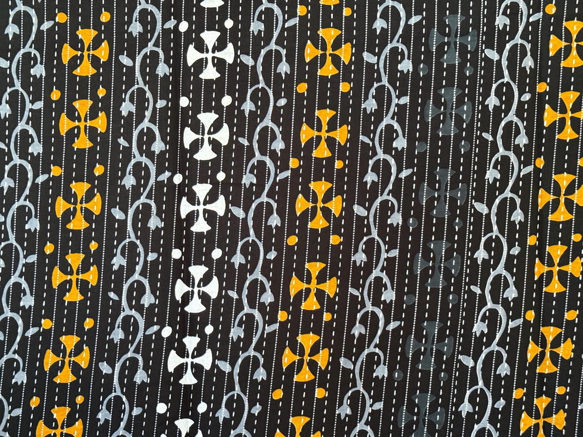 African Print Cotton Fabric by Yard, Black Gold White Cross Motif Ankara Sewing Quilting