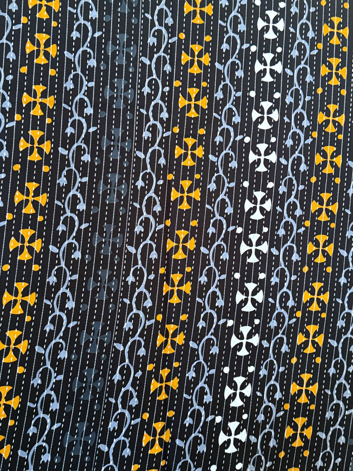 African Print Cotton Fabric by Yard, Black Gold White Cross Motif Ankara Sewing Quilting