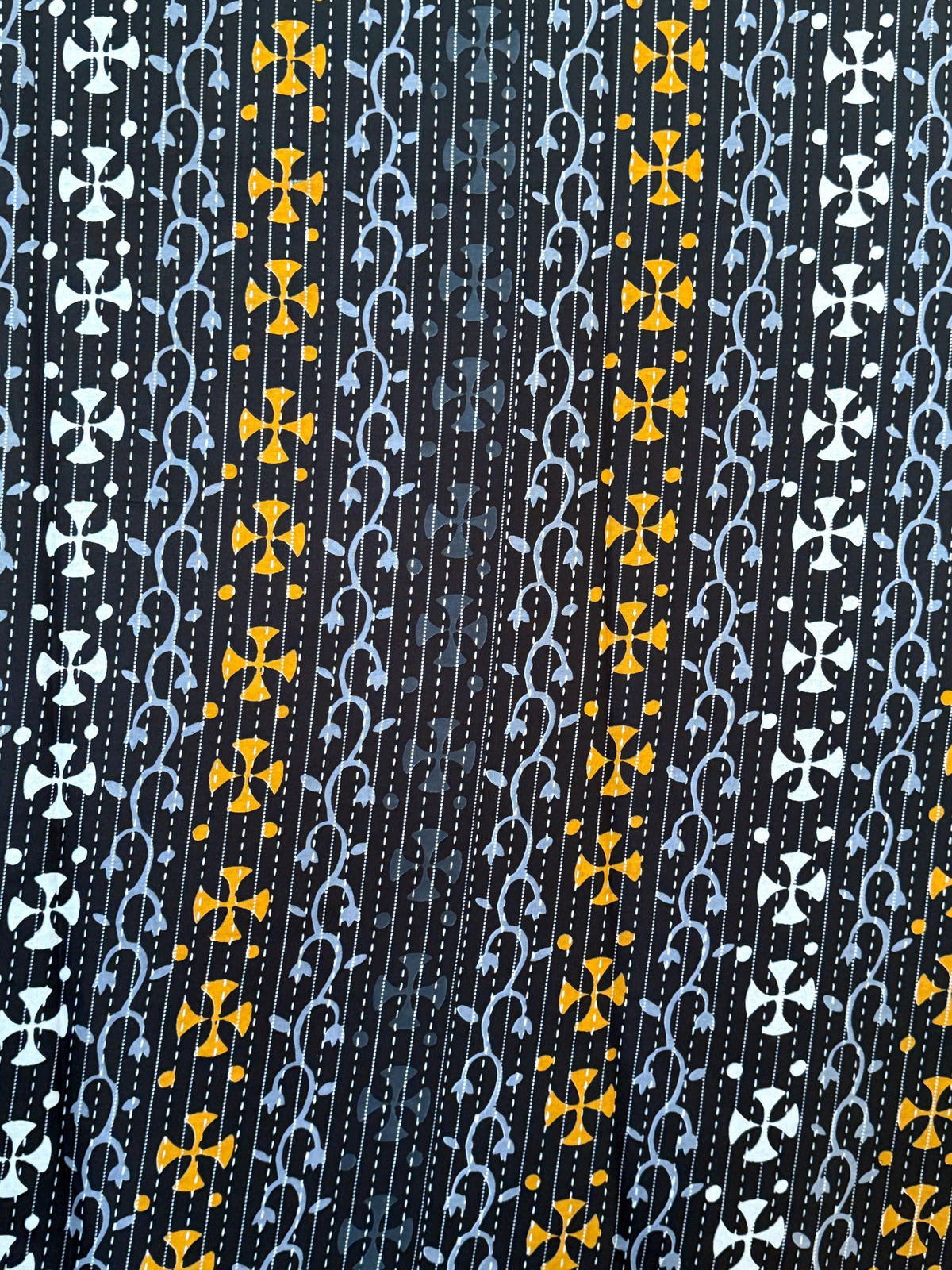 African Print Cotton Fabric by Yard, Black Gold White Cross Motif Ankara Sewing Quilting