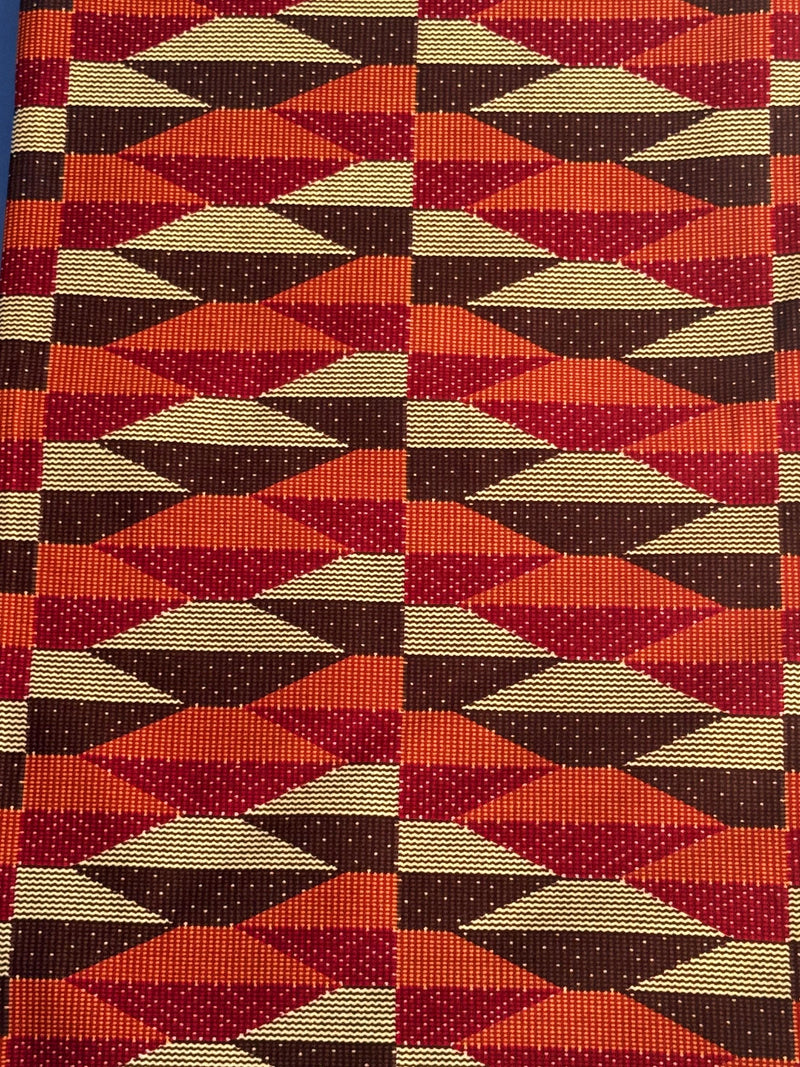 African Kente Print Cotton Fabric, Orange Burgundy Triangle Ankara Sewing Apparel (Per Yard)
