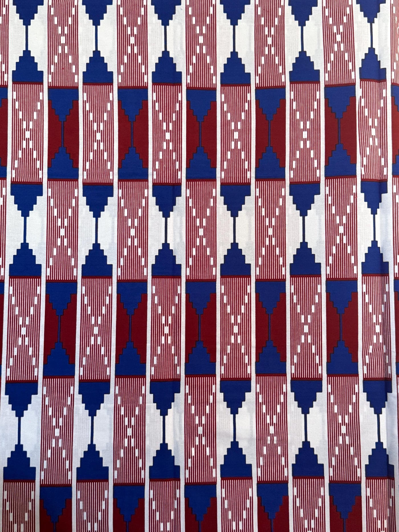 African Print Cotton Fabric, White Burgundy Blue Geometric Stripe, Art Deco Sewing Apparel Crafts