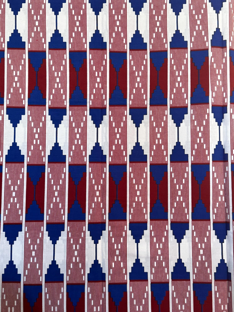 African Print Cotton Fabric, White Burgundy Blue Geometric Stripe, Art Deco Sewing Apparel Crafts
