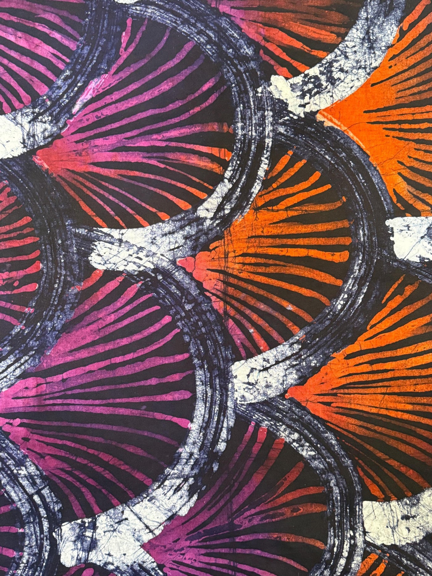 Handmade Adire Batik Fabric Per Yard, Orange Purple Navy Fan Sunburst Cotton, African Sewing
