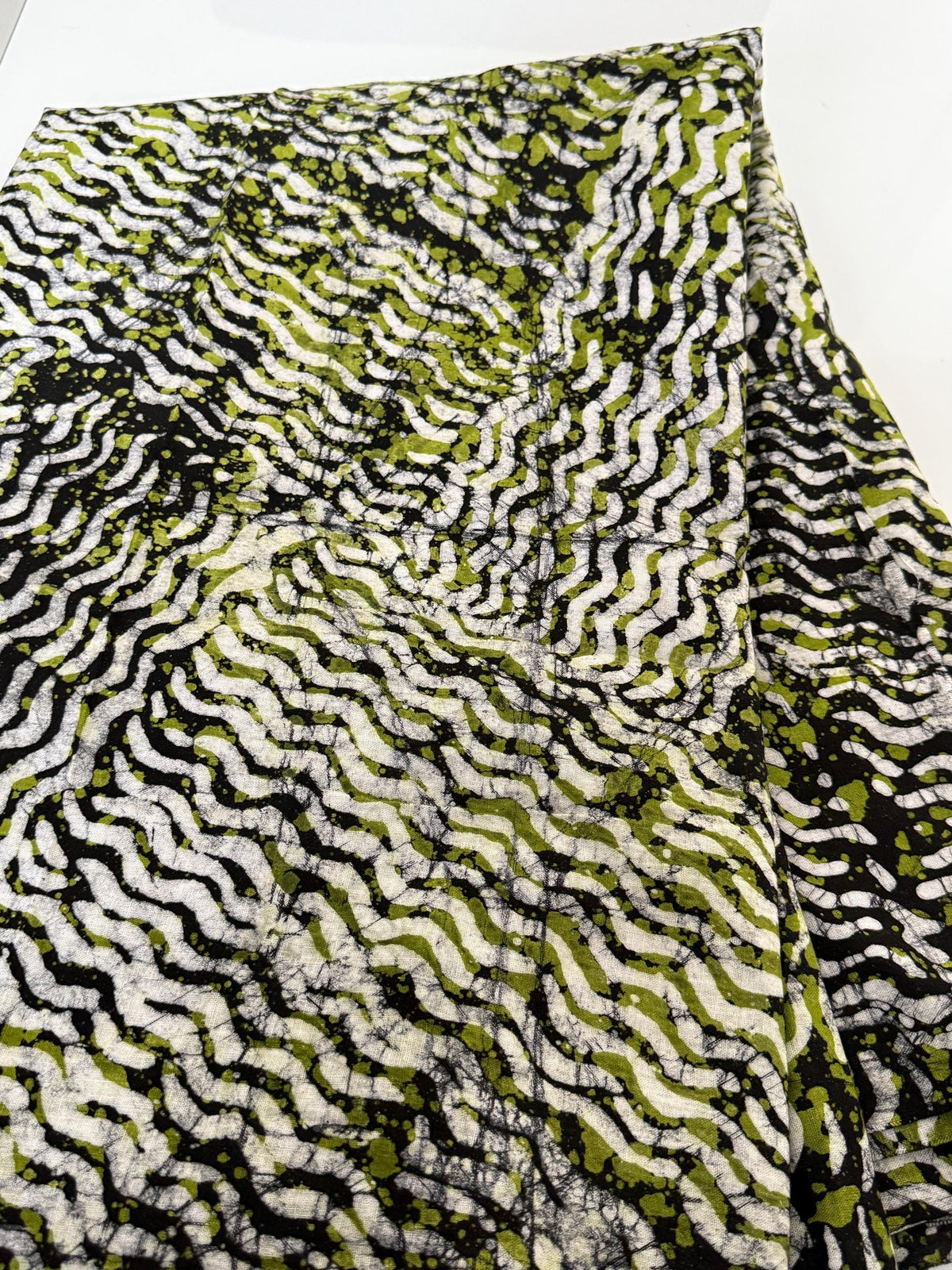 Hand-Dyed Adire Batik Fabric Per Yard, Olive Green Funtua Cotton, African Wave Pattern