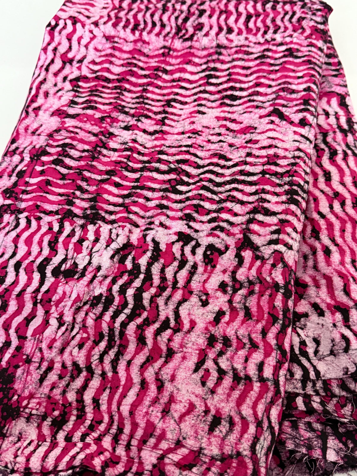 Handmade Adire Batik Fabric Per Yard, Magenta Pink Black Wave Cotton, African Sewing Textile