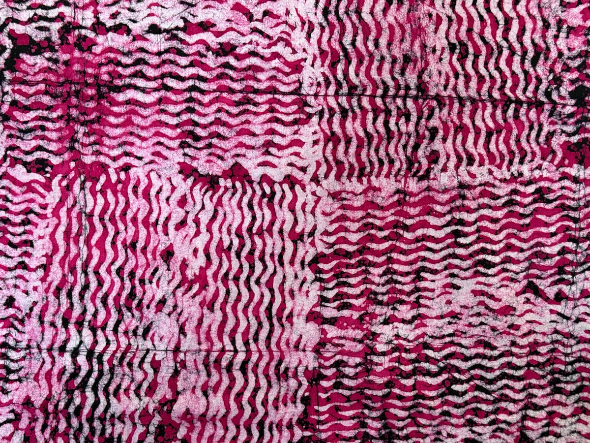 Handmade Adire Batik Fabric Per Yard, Magenta Pink Black Wave Cotton, African Sewing Textile
