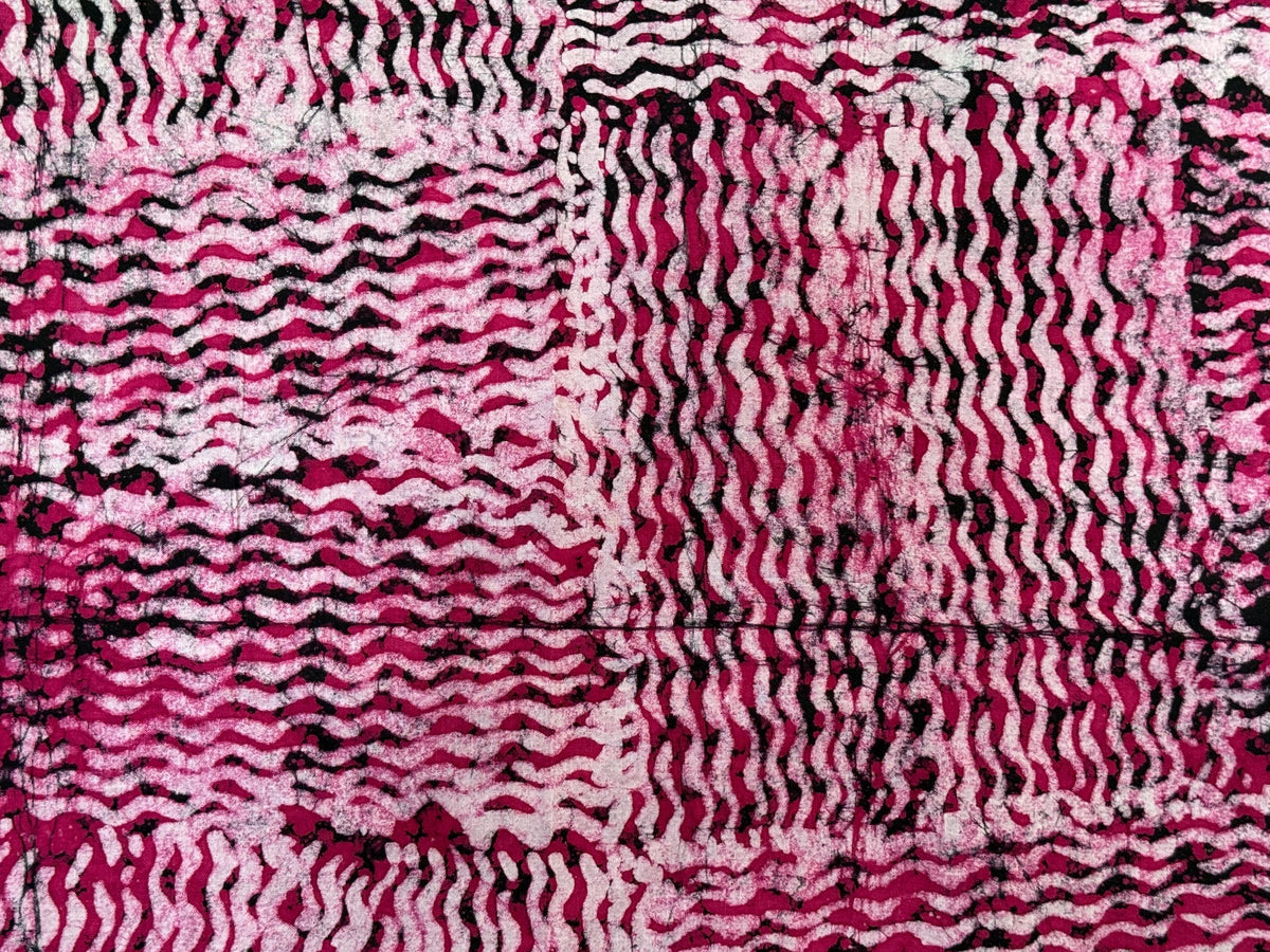 Handmade Adire Batik Fabric Per Yard, Magenta Pink Black Wave Cotton, African Sewing Textile