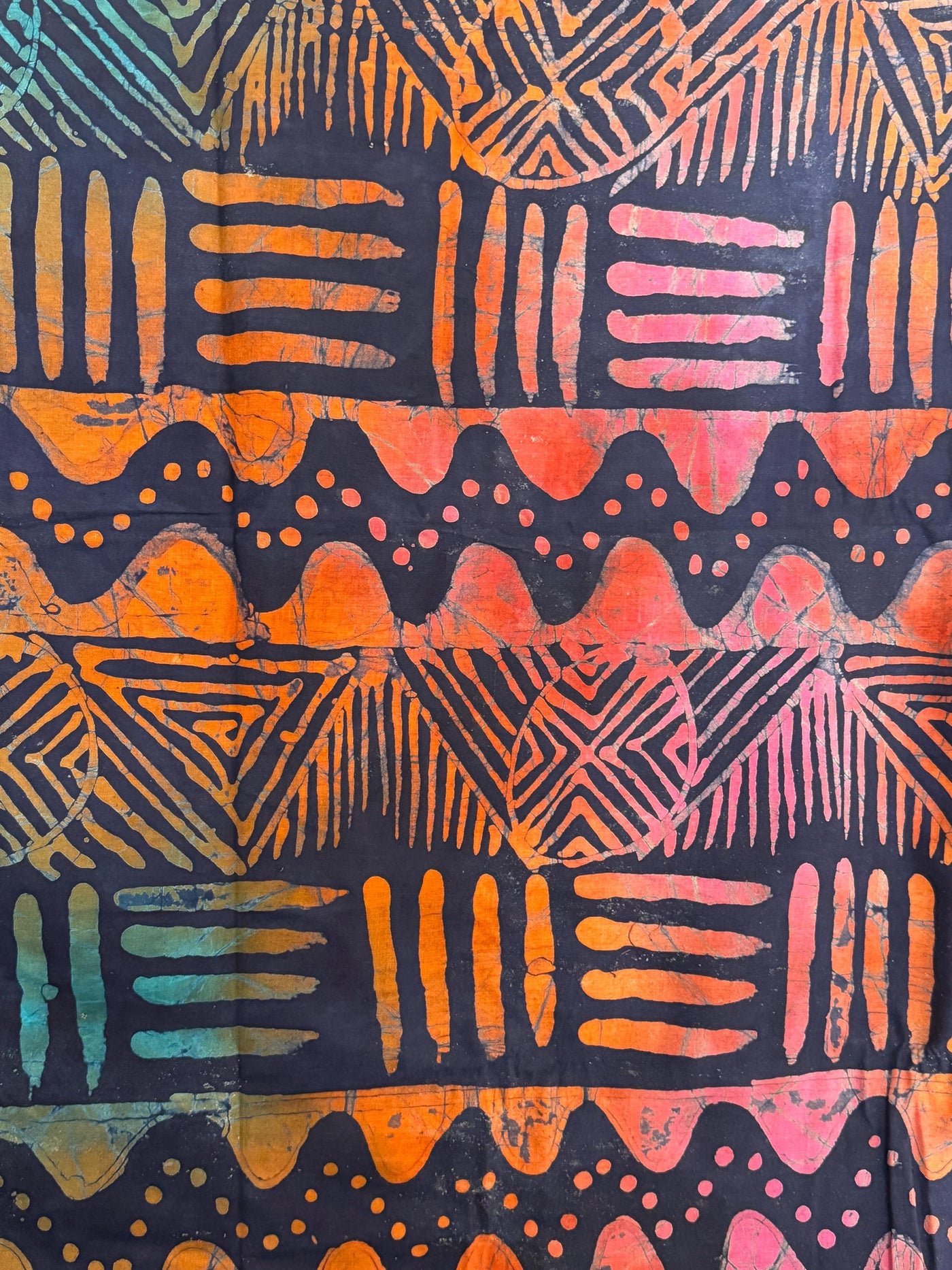 Hand-Dyed Adire Batik Fabric Per Yard, Orange Pink Teal Tribal Cotton, African Sewing Textile
