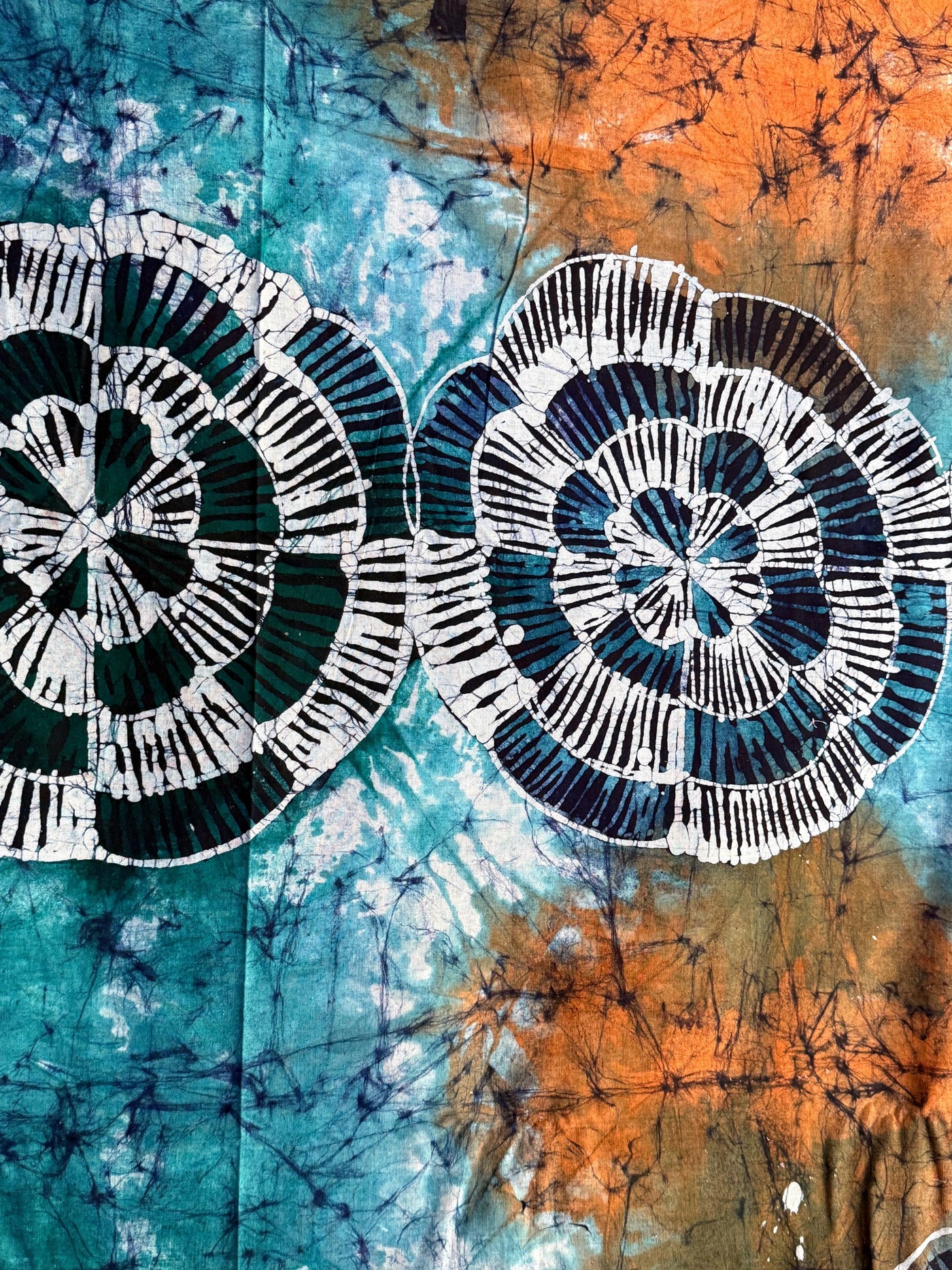 Hand-Dyed Adire Batik Fabric Per Yard, Teal Orange Mandala Cotton, African Sewing Textile