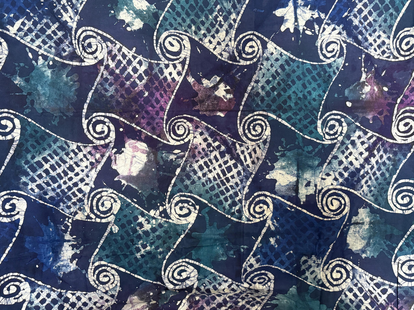 Hand-Dyed Adire Batik Fabric Per Yard, Nigerian Funtua Cotton, Scroll Spiral Grid, Navy Teal