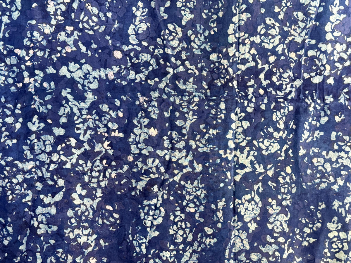 Hand-Dyed Adire Batik Fabric, Nigerian Cotton, Navy Blue Floral Print, Per Yard Sewing Material