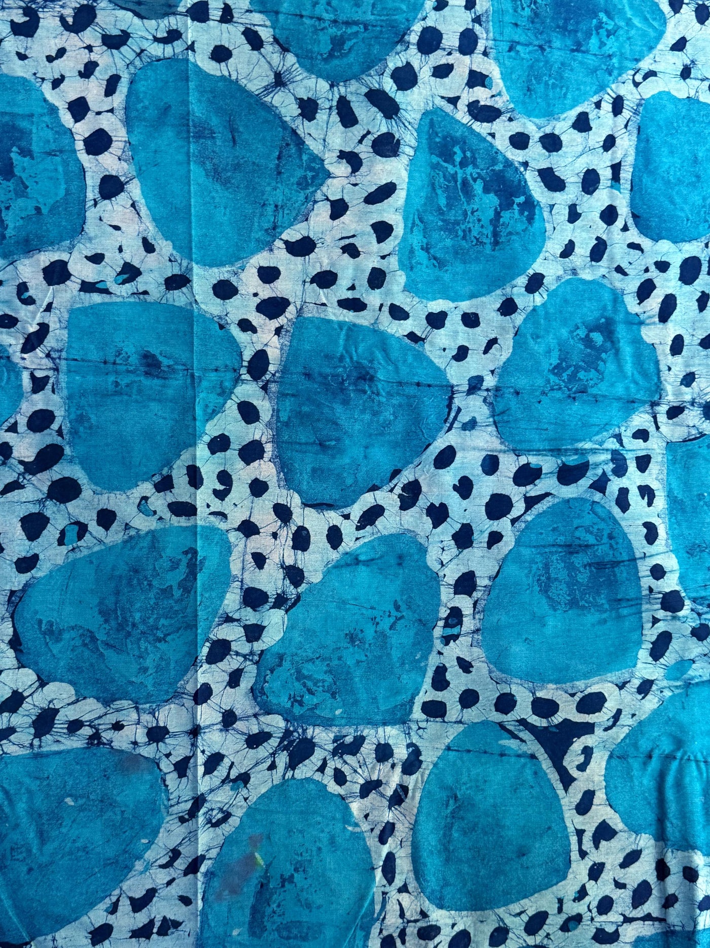 Hand-Dyed Adire Batik Fabric Yard, Teal Navy Circles Cotton, Artisan African Sewing Material