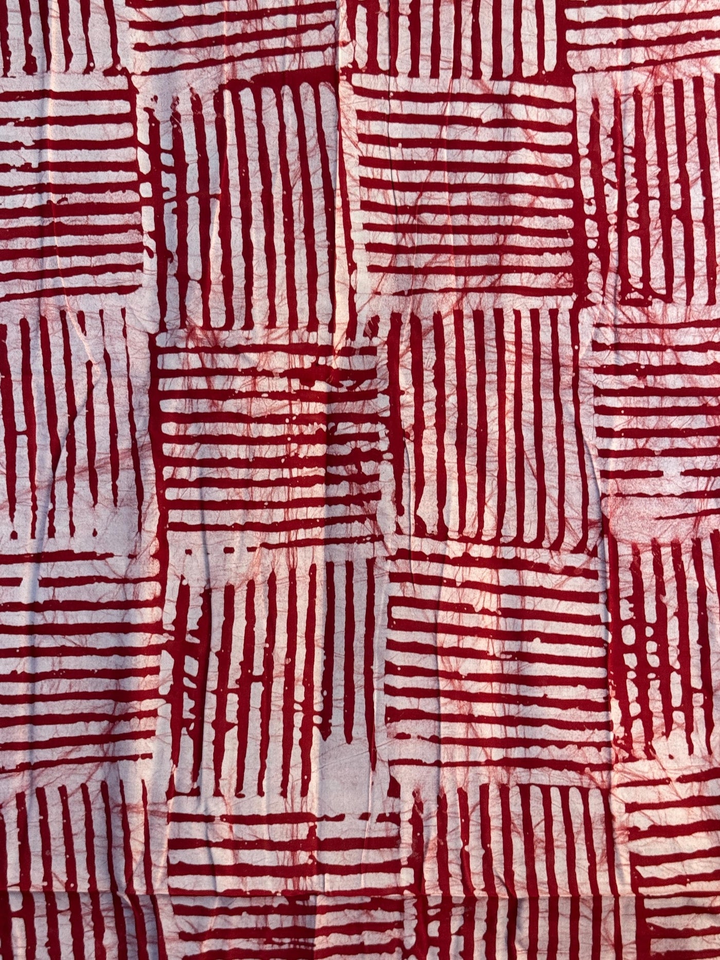 Hand-Dyed Adire Batik Fabric, Red White Basket Weave Cotton, Nigerian Artisan Sewing Material