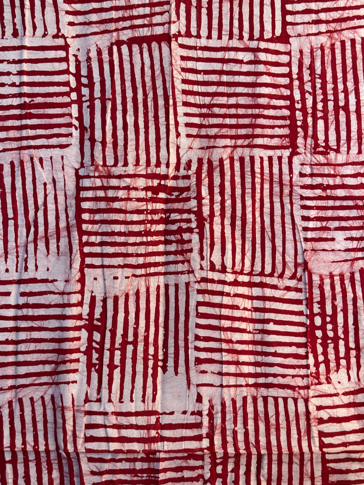 Hand-Dyed Adire Batik Fabric, Red White Basket Weave Cotton, Nigerian Artisan Sewing Material