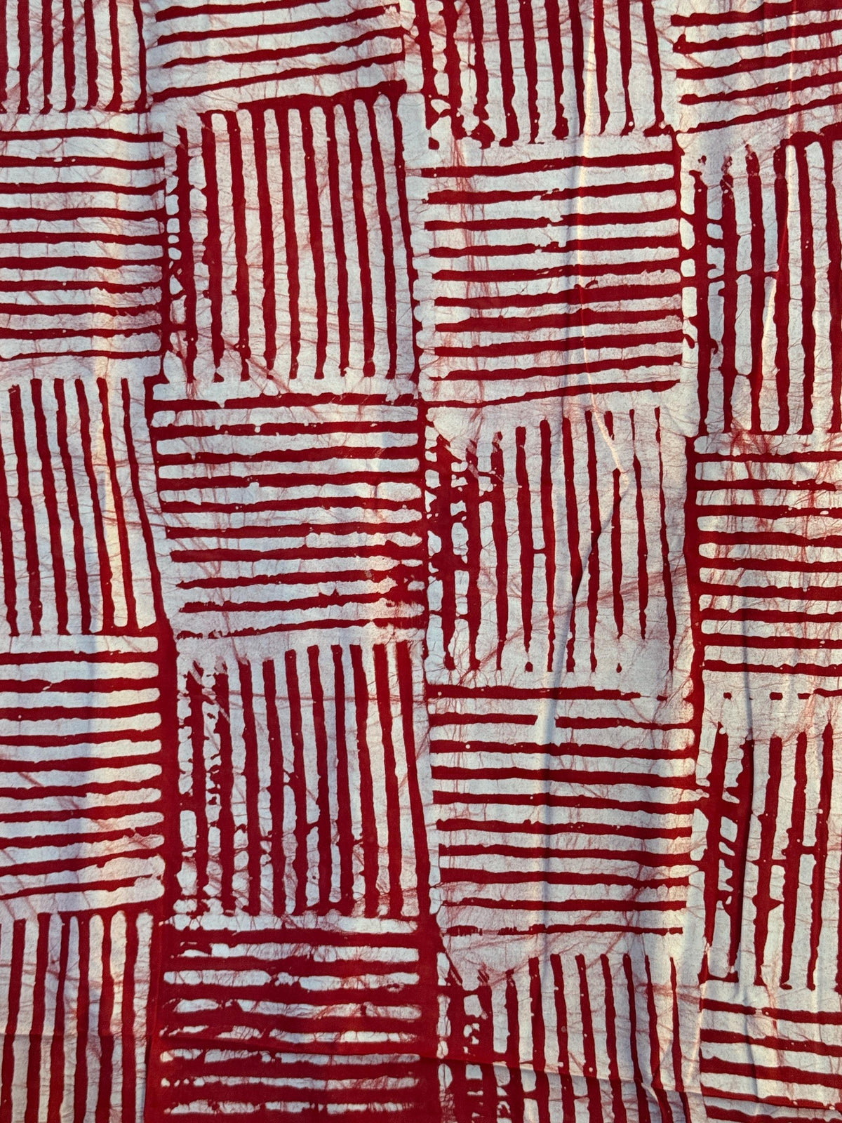 Hand-Dyed Adire Batik Fabric, Red White Basket Weave Cotton, Nigerian Artisan Sewing Material