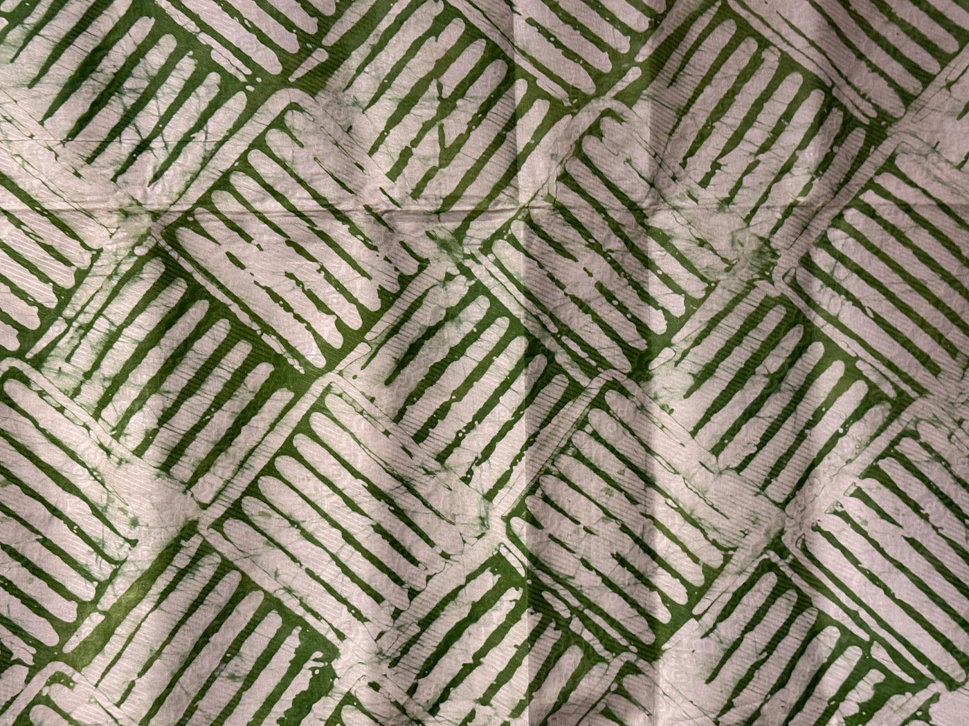 Hand-Dyed Adire Batik Fabric, Sage Green White Cotton, Nigerian Geometric Print Per Yard