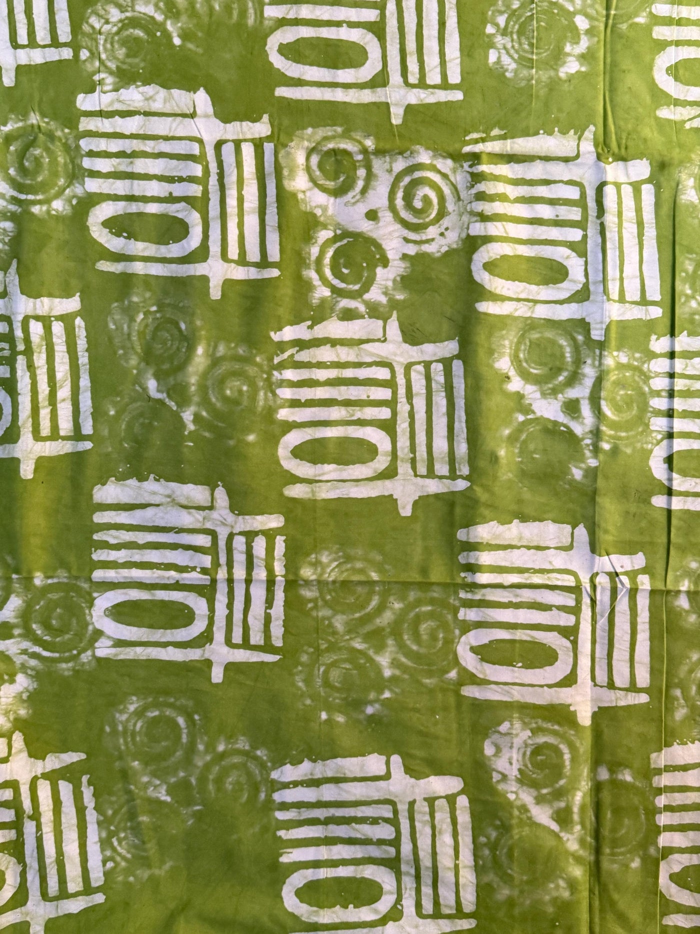 Hand-Dyed Adire Batik Cotton Fabric, Olive Green Tribal Spiral Pattern Per Yard