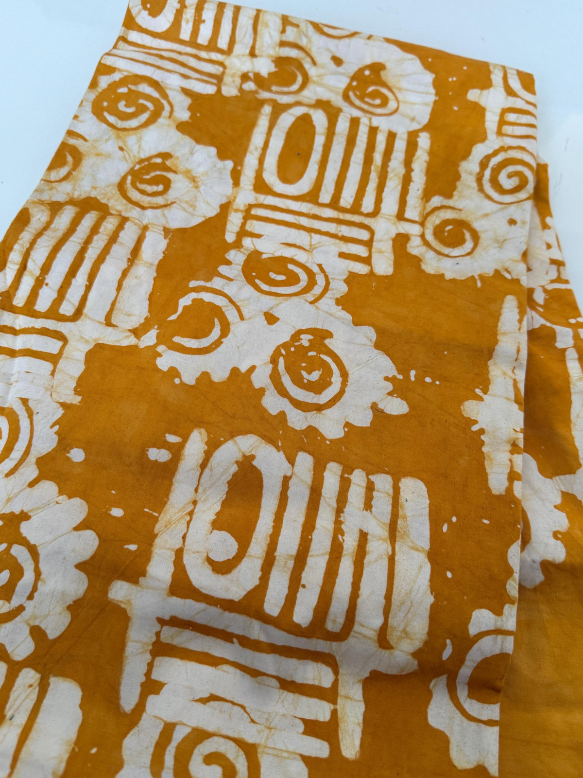 Hand-Dyed Adire Batik Fabric, Golden Amber Cotton, Tribal Spiral Pattern Per Yard
